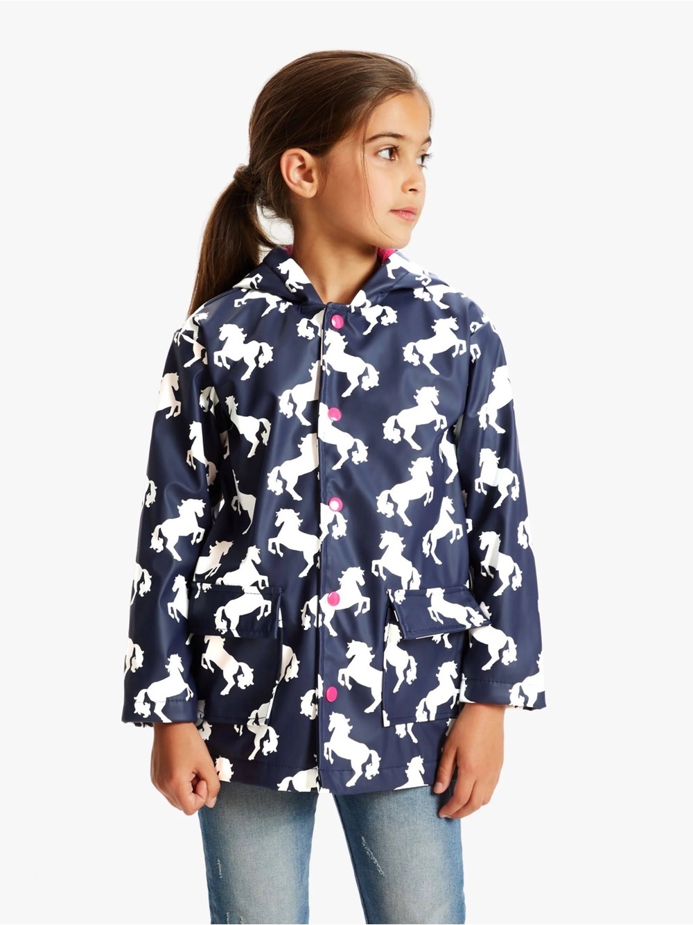 HATLEY GIRLS Colour Changing Horses Raincoat Size 5 Pink Navy Rain Coat Jacket